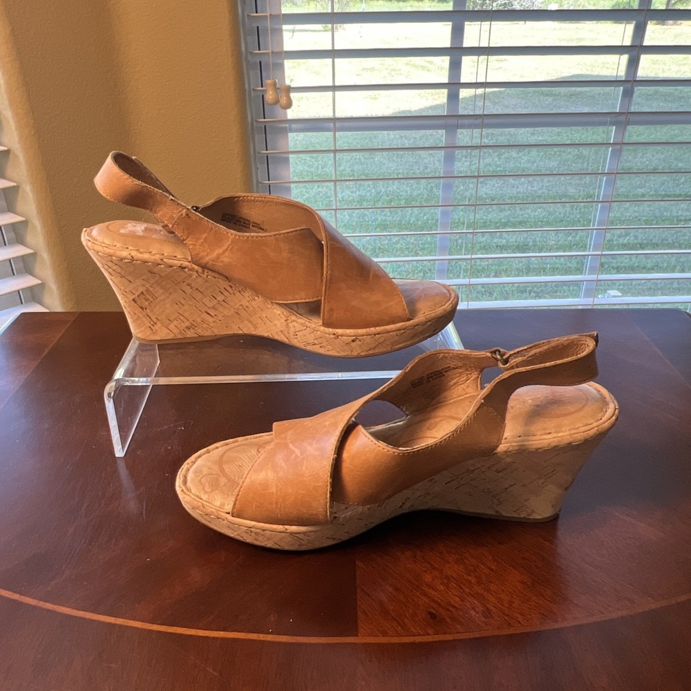 Born Tan Leather Cork Wedge Sandals Women Sz 9 Boho F19641 Comfort High Heel - Picture 4 of 10